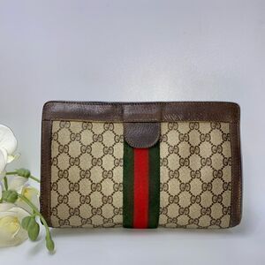 💎Gorgeous💎 Authentic GUCCI Web Sherry Line GG Logo Canvas/Leather Clut…